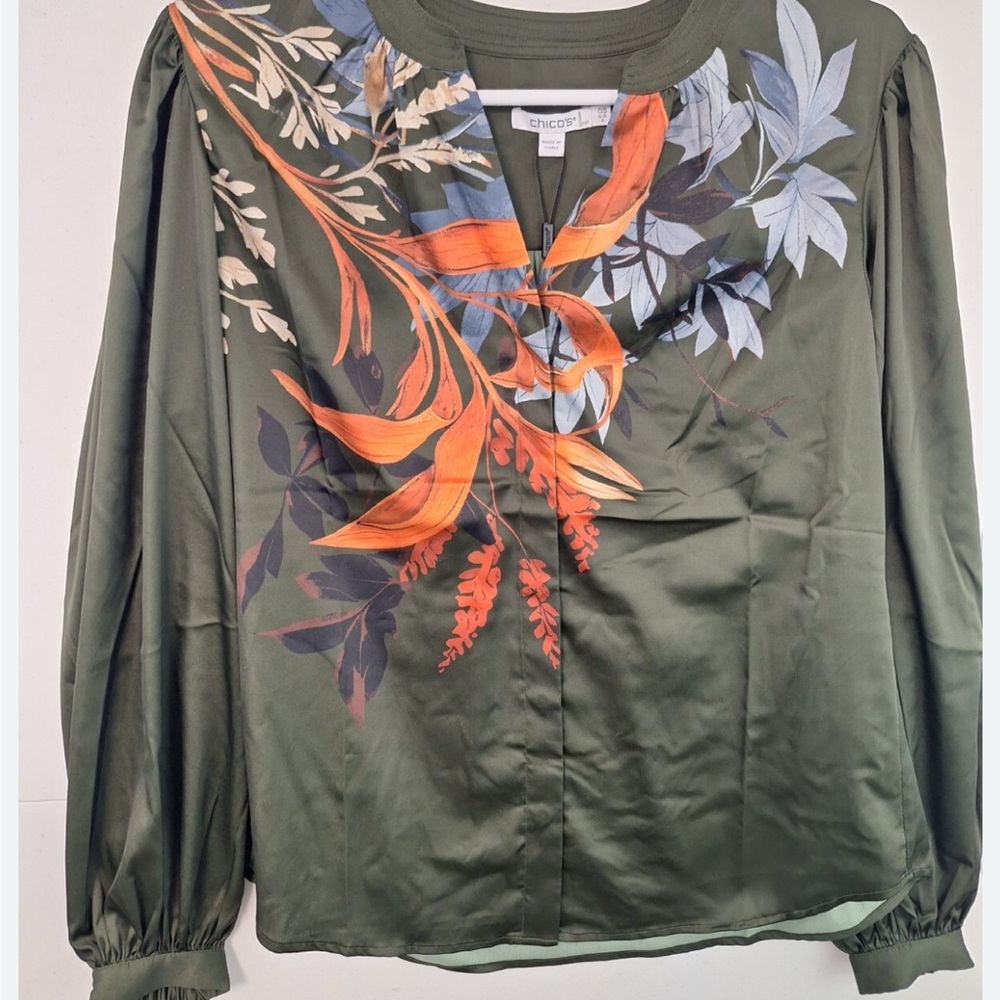 Chico's Olive Green Blouse with Orange and Light Blue Floral Print
